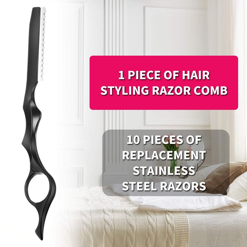 Mudder Hair Styling Razor Comb - 11 Pieces Hair Thinning Comb with Replacement Stainless Steel Razors for Salon Home Use (Black, Metal) - Image 3